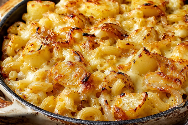 Baked Alpine macaroni with potato chunks, melted cheese and golden onions in a rustic ovenproof dish