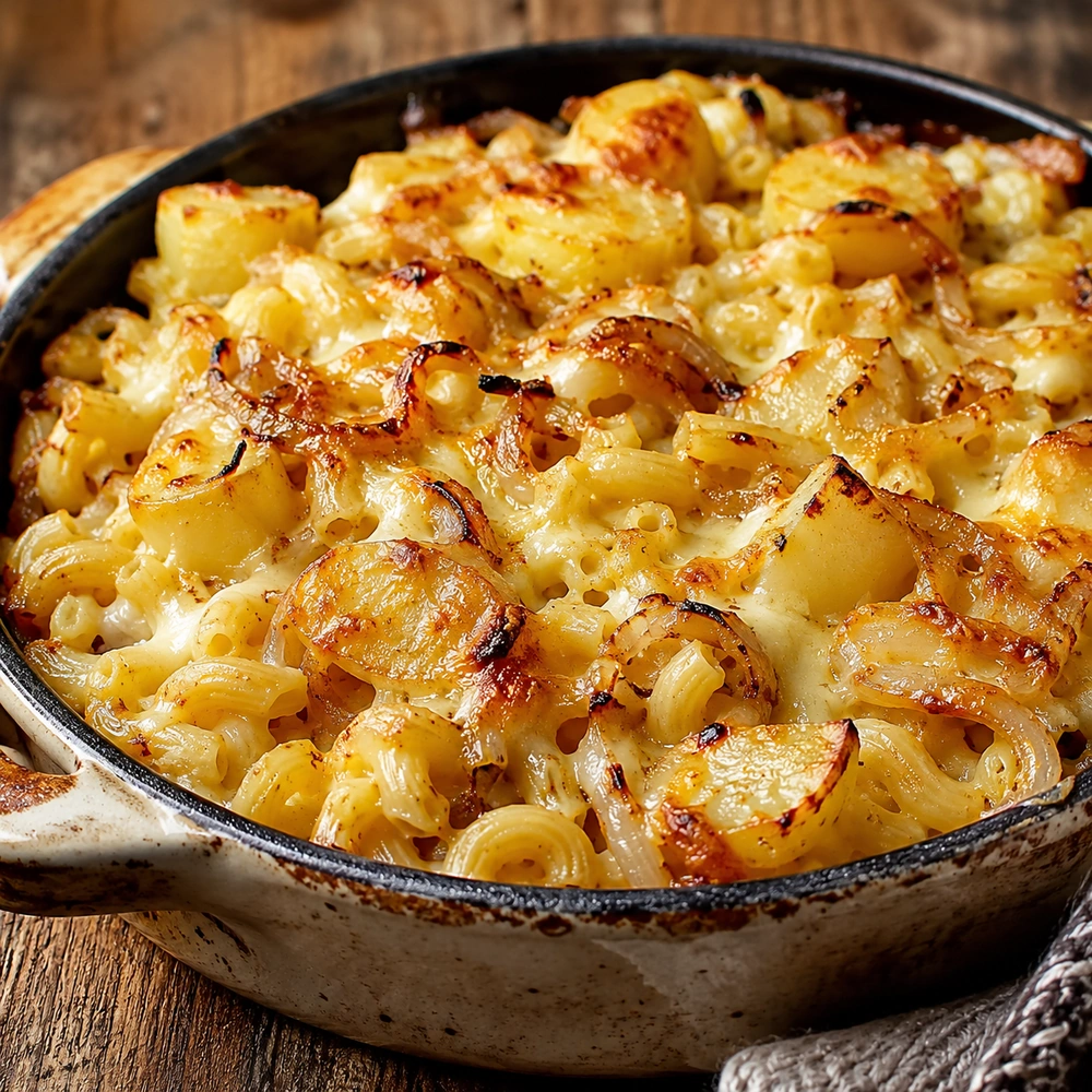 Baked Alpine macaroni with potato chunks, melted cheese and golden onions in a rustic ovenproof dish