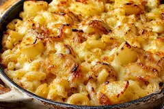 Baked Alpine macaroni with potato chunks, melted cheese and golden onions in a rustic ovenproof dish