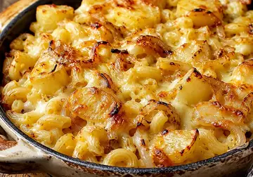 Baked Alpine macaroni with potato chunks, melted cheese and golden onions in a rustic ovenproof dish