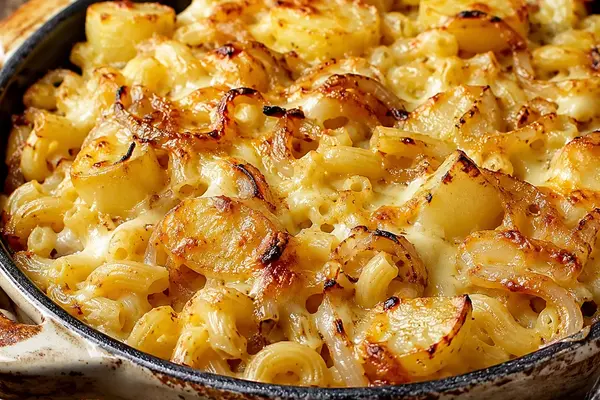 Baked Alpine macaroni with potato chunks, melted cheese and golden onions in a rustic ovenproof dish