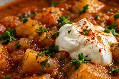 Close-up bowl of Austrian potato goulash with paprika sauce, parsley and sour cream