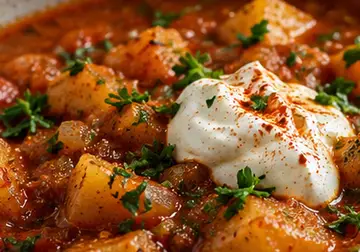 Close-up bowl of Austrian potato goulash with paprika sauce, parsley and sour cream