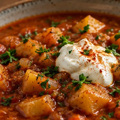 Close-up bowl of Austrian potato goulash with paprika sauce, parsley and sour cream