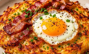 Crispy golden potato rösti topped with smoky bacon, a fried egg and chopped herbs on a plate