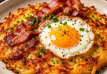 Crispy golden potato rösti topped with smoky bacon, a fried egg and chopped herbs on a plate