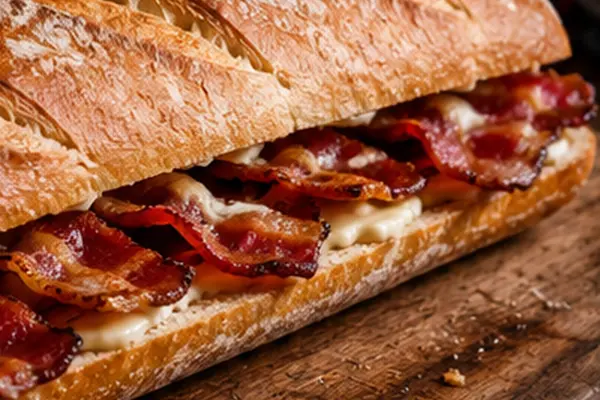 Crusty bacon baguette filled with crisp bacon and melted cheese on a wooden board