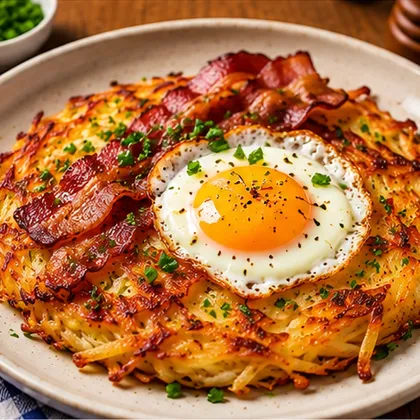 Crispy golden potato rösti topped with smoky bacon, a fried egg and chopped herbs on a plate