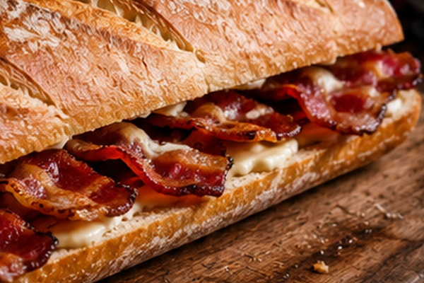 Crusty bacon baguette filled with crisp bacon and melted cheese on a wooden board