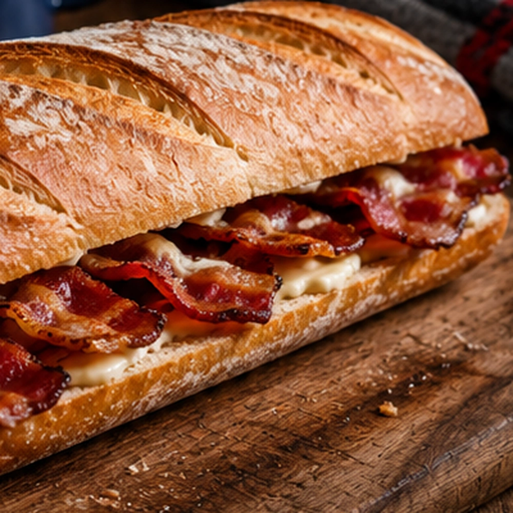 Crusty bacon baguette filled with crisp bacon and melted cheese on a wooden board