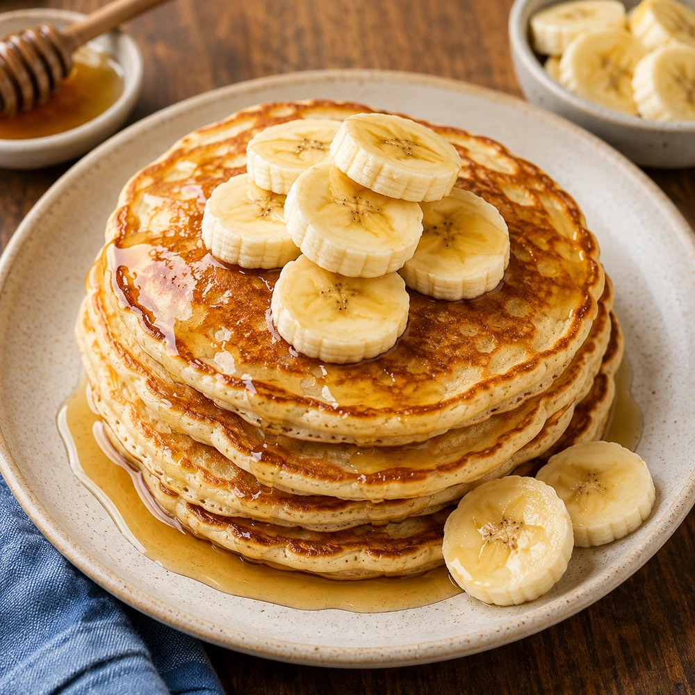 Stack of golden banana pancakes topped with banana slices and drizzled with honey