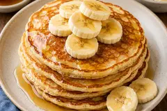 Stack of golden banana pancakes topped with banana slices and drizzled with honey