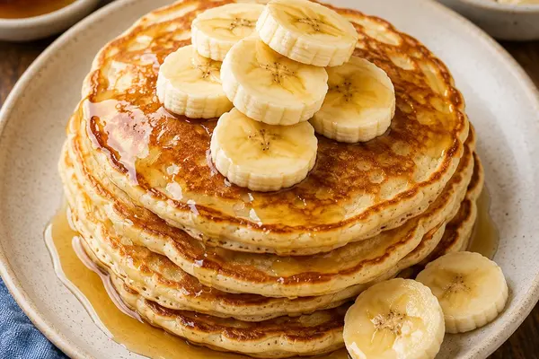 Stack of golden banana pancakes topped with banana slices and drizzled with honey