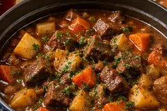 Rich beef and ale stew with tender beef, potatoes and carrots in a dark casserole dish