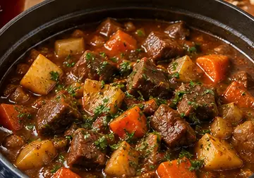Rich beef and ale stew with tender beef, potatoes and carrots in a dark casserole dish