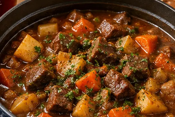 Rich beef and ale stew with tender beef, potatoes and carrots in a dark casserole dish