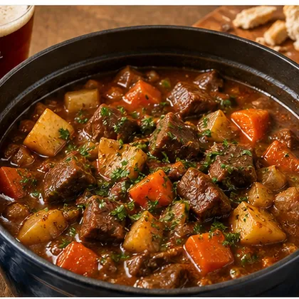 Rich beef and ale stew with tender beef, potatoes and carrots in a dark casserole dish