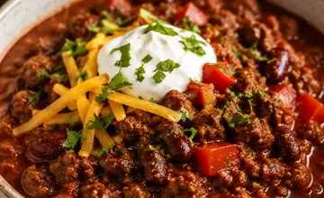 Bowl of beef chilli with kidney beans and red pepper, topped with grated Cheddar, soured cream and chopped herbs