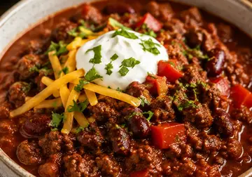 Bowl of beef chilli with kidney beans and red pepper, topped with grated Cheddar, soured cream and chopped herbs