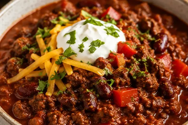 Bowl of beef chilli with kidney beans and red pepper, topped with grated Cheddar, soured cream and chopped herbs