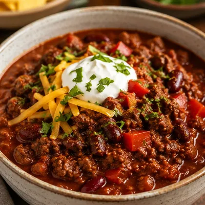 Bowl of beef chilli with kidney beans and red pepper, topped with grated Cheddar, soured cream and chopped herbs