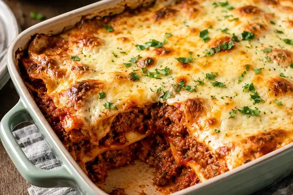 Large baked beef and lentil lasagne with golden cheese topping and a portion removed
