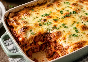 Large baked beef and lentil lasagne with golden cheese topping and a portion removed