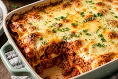 Large baked beef and lentil lasagne with golden cheese topping and a portion removed