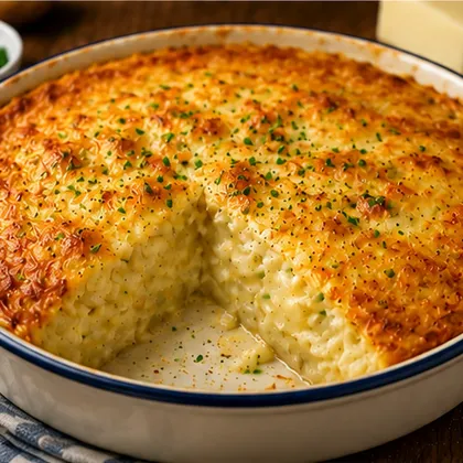 Golden baked cheese and potato pie with creamy potato filling and melted Cheddar in an ovenproof dish
