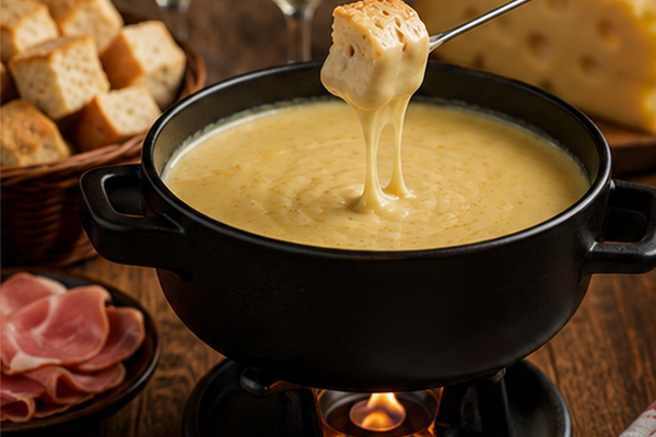 Melted cheese fondue in a black pot with a bread cube being dipped into the cheese