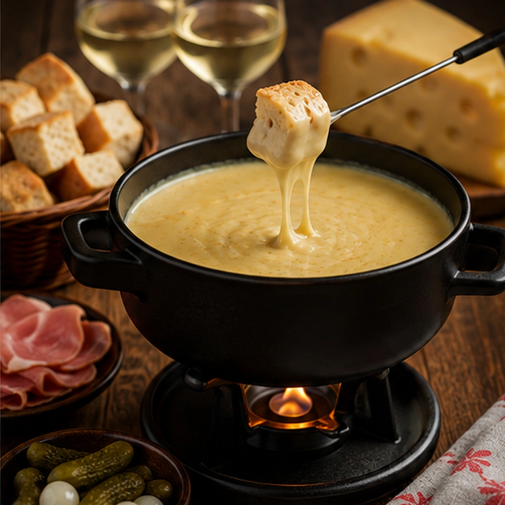 Melted cheese fondue in a black pot with a bread cube being dipped into the cheese