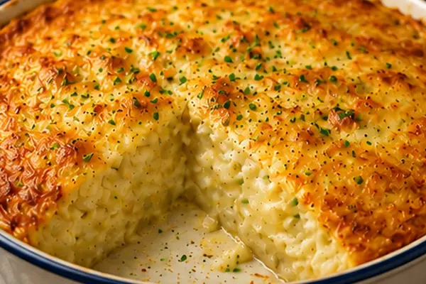 Golden baked cheese and potato pie with creamy potato filling and melted Cheddar in an ovenproof dish