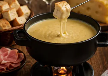 Melted cheese fondue in a black pot with a bread cube being dipped into the cheese