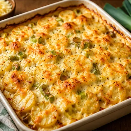 Golden cheesy leek and potato bake with sliced potatoes and soft leeks in a white ovenproof dish