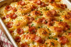 Golden cheesy potato and bacon bake with sliced potatoes, crisp bacon and chopped herbs in an ovenproof dish