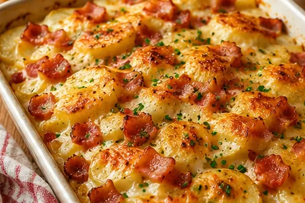 Golden cheesy potato and bacon bake with sliced potatoes, crisp bacon and chopped herbs in an ovenproof dish
