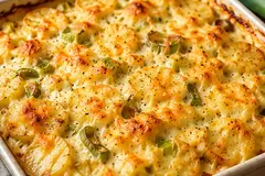 Golden cheesy leek and potato bake with sliced potatoes and soft leeks in a white ovenproof dish