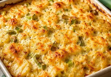Golden cheesy leek and potato bake with sliced potatoes and soft leeks in a white ovenproof dish