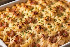 Golden chicken and bacon pasta bake with creamy sauce and melted Cheddar cheese in a white baking dish