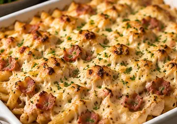 Golden chicken and bacon pasta bake with creamy sauce and melted Cheddar cheese in a white baking dish