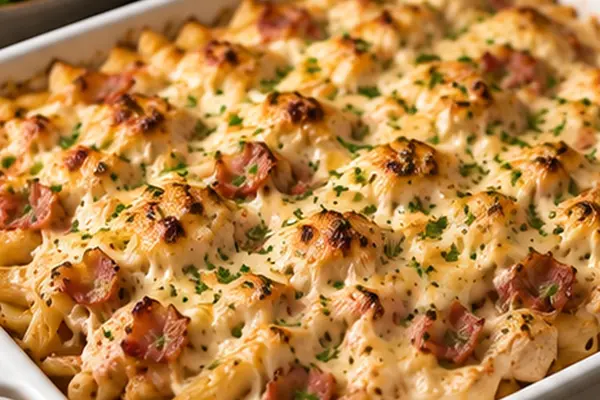 Golden chicken and bacon pasta bake with creamy sauce and melted Cheddar cheese in a white baking dish