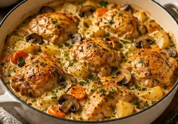 Chicken casserole with browned chicken thighs, potatoes, carrots and mushrooms in a creamy herb sauce