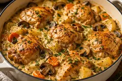 Chicken casserole with browned chicken thighs, potatoes, carrots and mushrooms in a creamy herb sauce