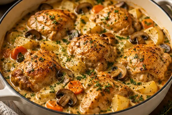 Chicken casserole with browned chicken thighs, potatoes, carrots and mushrooms in a creamy herb sauce