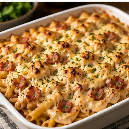 Golden chicken and bacon pasta bake with creamy sauce and melted Cheddar cheese in a white baking dish