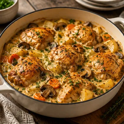 Chicken casserole with browned chicken thighs, potatoes, carrots and mushrooms in a creamy herb sauce