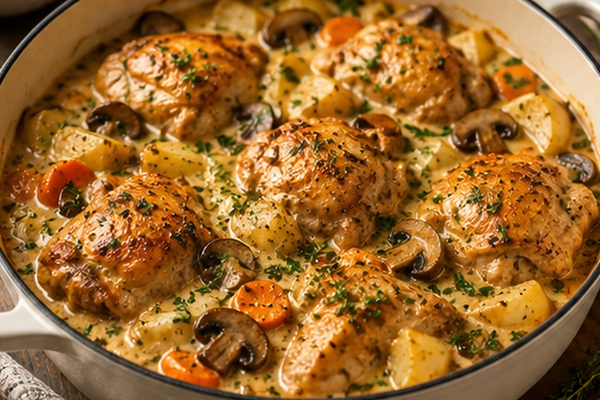 Chicken casserole with browned chicken thighs, potatoes, carrots and mushrooms in a creamy herb sauce