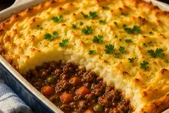 Golden cottage pie with creamy mashed potato topping and a rich minced beef, carrot and pea filling