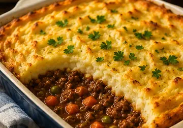 Golden cottage pie with creamy mashed potato topping and a rich minced beef, carrot and pea filling
