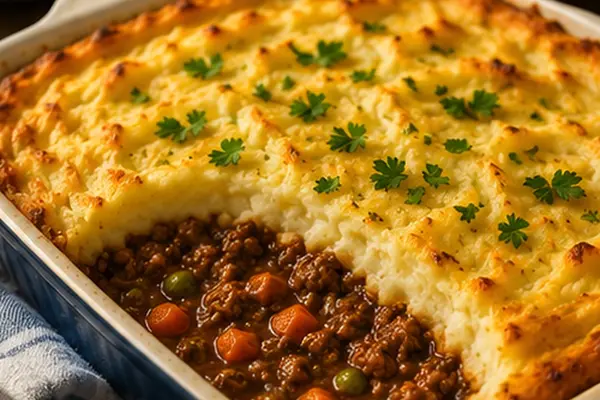 Golden cottage pie with creamy mashed potato topping and a rich minced beef, carrot and pea filling